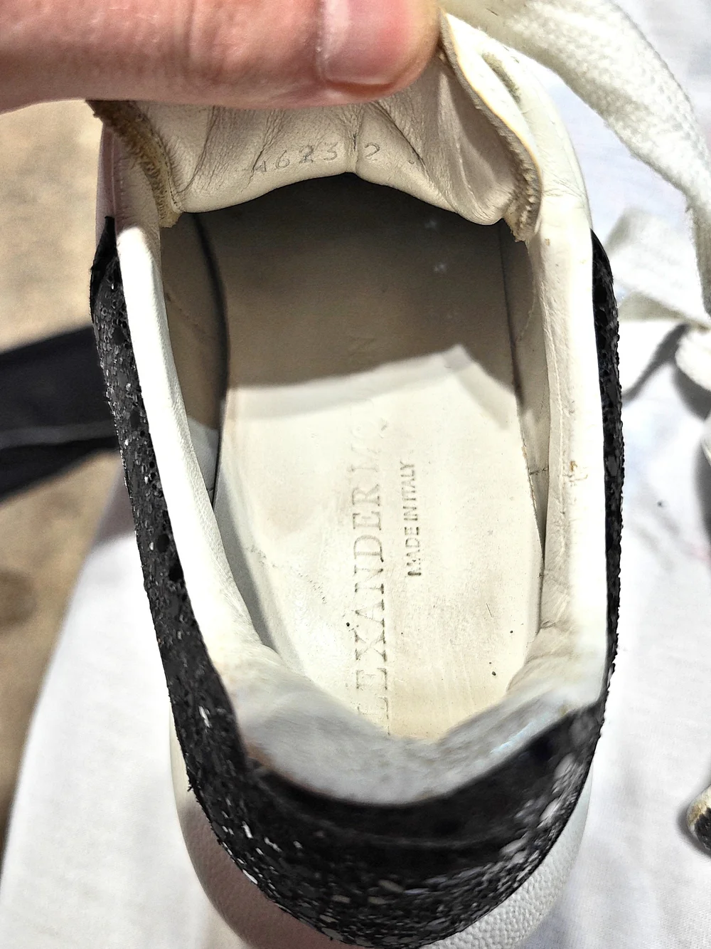 Alexander McQueen White Leather Platform Sneakers with Black Glitter Heel Tab - Picture 6 of 7